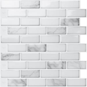 Art3d 10-Sheet Peel and Stick Backsplash Tile in White Marble, Self-Adhesive Wall Tiles Stick on Kitchen Laundry Room RV Renter - 12 x 12 Inch