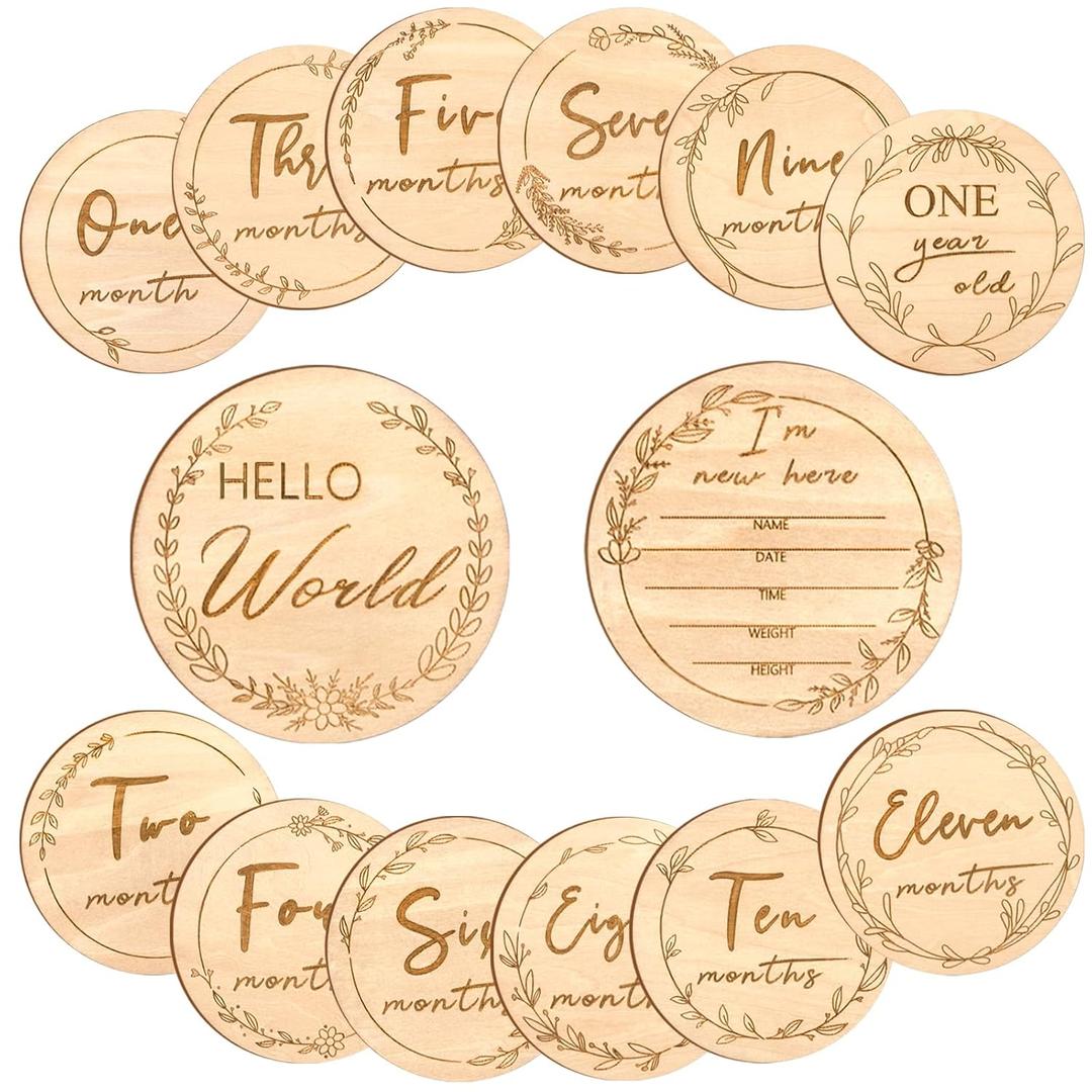 Baby Monthly Milestone,Beautiful Baby Milestone Signs-7 Double Sided Marker Wooden Circles Discs Newborn Photography Prop, Pregnancy Journey Birth Announcement Sign Baby Boy and Girl Gift Sets