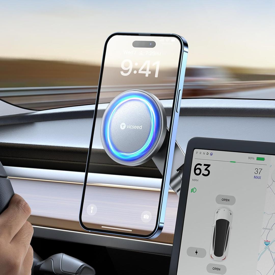 VICSEED Tesla Phone MountStrongest Magnet Power Foldable Hidden Tesla Phone Holder Fit for All Phones, Tesla Model 3/Y/Cybertruck Accessories, Tesla Model 3 Model Y for MagSafe Car Mount-Quicksilver
