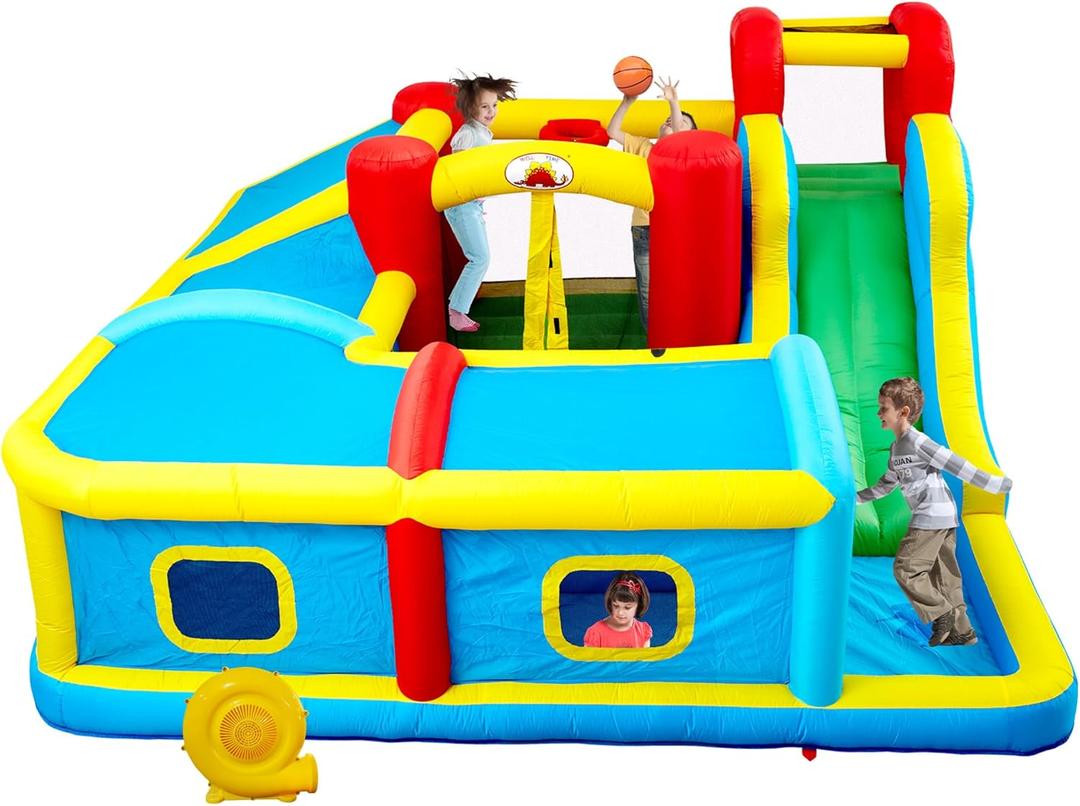 WELLFUNTIME Inflatable Bounce House with Slide, Bouncy Castle & Jumping Castle with Blower and Wave Pool, Basketball Rim, Long Tunnel