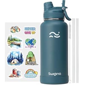Swigina [2-IN-1 LID] Insulated Water Bottle with Silicone Boot (36hrs Cold/ 18hrs Hot) - DIY Stickers, Leakproof, BPA Free, 32 oz