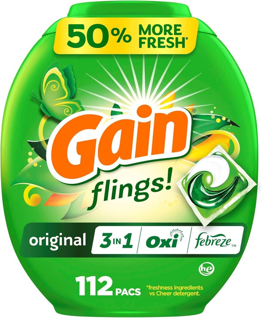 Gain flings Laundry Detergent Pacs, 112 Count, Original Scent with Oxi Boost and Febreze, 3-in-1, HE Compatible