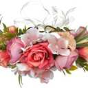 LLinfflr Women Floral Crown Boho Flower Headband Hair Wreath Floral Halo Headpiece with Ribbon Wedding Party Photos Rosy