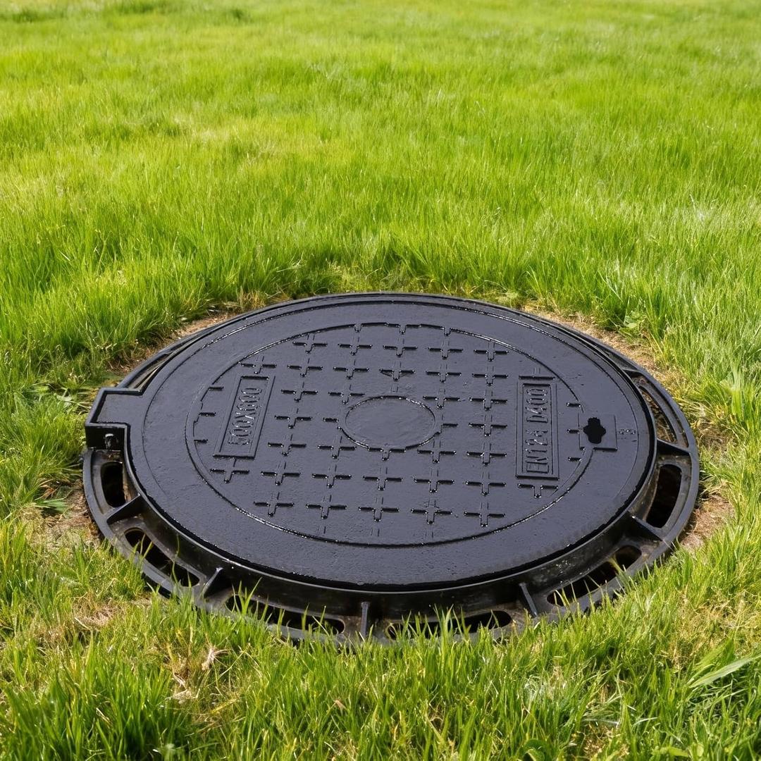 tonchean 20" Cast Iron Manhole Cover and Frame, Heavy Duty B125 Septic Tank Lid with Base, Round Black Anti-Slip Inspection Well Cover, Reinforced Steel Embedded Sewer Cover