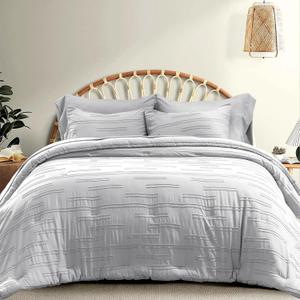 EVERGRACE Queen Comforter Set, 7-Piece Bed in a Bag, Shabby Chic Tufted Boho Bedding with Line Embroidery, Soft All Season Microfiber Comforter (90"x90") with Sheets, Pillowcases & Shams, Light Gray