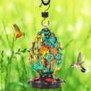 LUJII Pine Cone Shaped Hand Blown Glass Hummingbird Feeder for Outdoors Hanging, Rust Proof & Leak Proof, 25 fl.oz, Unique Gift for Women, Garden & Backyard Decor, Teal