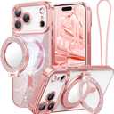 Meifigno Magnetic Case Designed for iPhone 17 Pro Max with Removable Phone Ring Stand, Glitter Card & Wrist Strap, Compatible with MagSafe, Built-in Mirror, Phone Ring Holder + Case Kit, Rose Gold