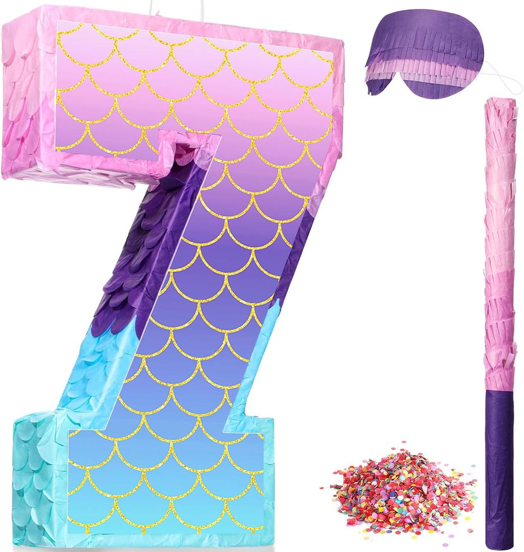 Shappy 16 Inch Mermaid Piata Purple Number Birthday Piata Party with Stick Blindfold Confetti for Anniversary Celebration Birthday Decoration Supplies(Number 7)