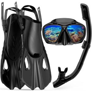Snorkeling Gear for Adults Men Women, 3 in 1 Snorkel Set with Panoramic View Diving Mask Anti-Fog Anti-Leak, Snorkel Mask Dry Top Snorkel Fins for Swimming, Snorkeling and Travel Diving (Large-X-Large, Black)