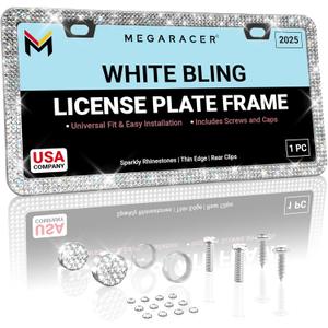 Dazzling Bling License Plate Frame for Women - 1 Piece, 800 Premium Rhinestones, Rust-Free Stainless Steel, Street Legal Slim Design, Sparkly Diamond Car Tag Holder with Glitter Crystal Screw Caps