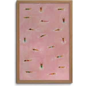 Framed Pink Swimming Pool Wall Art Summer Swimmer Canvas Print Decor, 24"L x 16"W