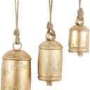 Deco 79 Gold Metal Tibetan Inspired Decorative Giant XL Cow Bells with Jute Hanging Rope, Set of 3 10",8",6"H - Cylindrical