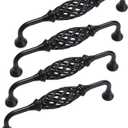 4PCS Birdcage Cabinet Hardware Handle Pull, Cast Iron Antique Door Handle Metal Barn Door Handle, Center Holes Handle for Kitchen Cupboard Bedroom Wardrobe Bathroom Drawer (128Black)