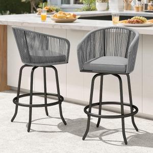DWVO Outdoor Counter Height Bar Stools Set of 2, Patio Swivel Bar Chairs with Soft Cushions, 360° Rotation, Bar Height Rattan Chairs for Backyard, Poolside, Garden, Gray