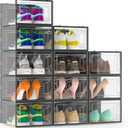 12 Pack X Large Shoe Storage Organizer for Closet, Modular Space Saving Shoe Boxes Clear Plastic Stackable Containers Display Case Bins with Lids, Black