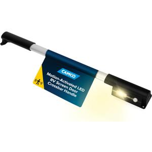 Camco Motion-Activated LED RV Screen Door Crossbar Handle - Features Motion Activated LED Lighting & Robust Aluminum Design - Adjustable Fit Compatible w/Most RVs- (2) AAA Battery (not incl.) (42330)