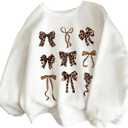 WDIRARA Girl's Leopard Bow Sweatshirt Crew Neck Long Sleeve Pullovers Graphic Top (White, 14Y)