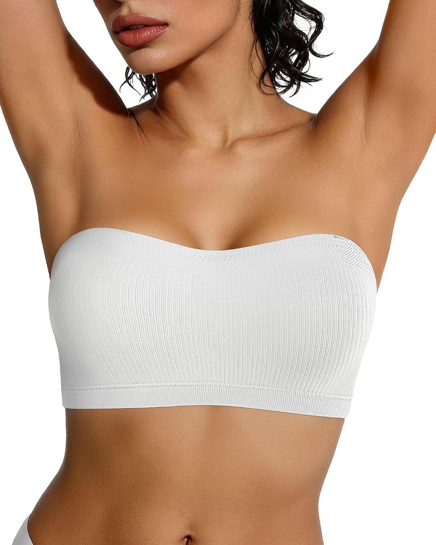 OEAK Strapless Bras for Women Wireless Bandeau Bra Non Slip Push Up Tube Top Seamless Bras Comfortable Padded Bralette (White, XXL)