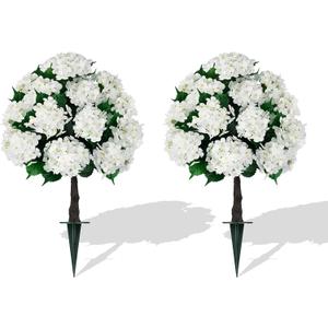 Grooy 2 Pack 33" Artificial Topiary Ball Trees with White Hydrangea | Fake Shrubs UV Resistant, Faux Flowers for Outdoors, Realistic Evergreen Bushes Plant for Front Porch Garden Indoor Decor