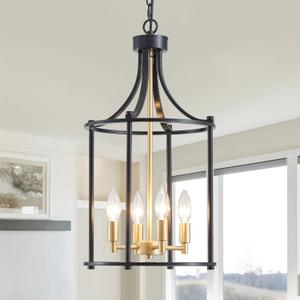XINGQI Lantern Pendant Light Modern Geometric Hanging Chandelier Black and Gold 4 Lights Adjustable Height Cage Pendant Lighting Fixture for Kitchen Entryway Hallway Foyer