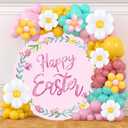 Renaiss 7.2x7.2ft Happy Easter Round Backdrop Cover Watercolor Pink Flower Easter Wreath Circle Photography Background Spring Easter Baptism Newborn Party Decors Easter Garland Arch Photo Booth Props