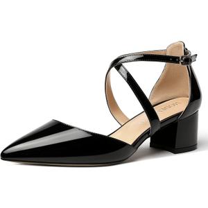 MODENCOCO Women's Patent Buckle Pointed Toe Block Cross Strap Solid Chunky Low Heel Pumps Shoes 2 Inch (8.5, Black)