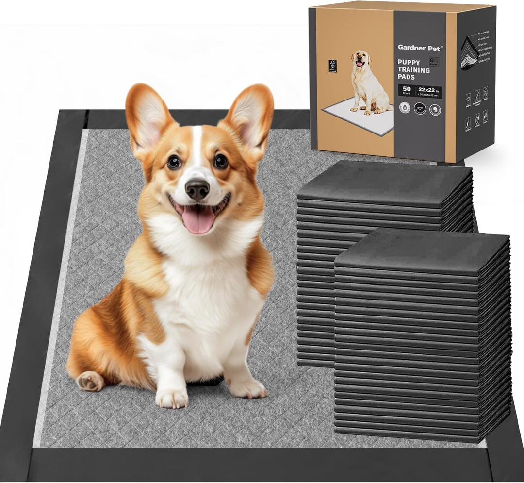 Charcoal Puppy Pads Rugular 22x22 Inches Small Dog Pee Pads Odor-Control & Leak-Proof Disposable Pet Training Edge-Wrapping Thicken Potty Pad for Dogs, Cats, Rabbits (50 Pieces) (Black)