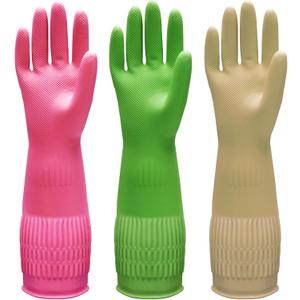 Bamllum 3 Pairs of Rubber Dishwashing Gloves for Kitchen and Household Cleaning  Long Cuff 15", Reusable, Flexible Long-lasting and Non-Slip (Red+Yellow+Green, Large)