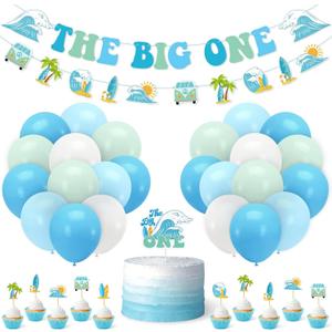 Vansolinne The Big One Surf Birthday Party Decorations for Summer Surfing Beach First Birthday Surfboard Decor Supplies Swimming Pool Hawaii Party Banner Cake Topper Cupcake Toppers Latex Balloons Boy