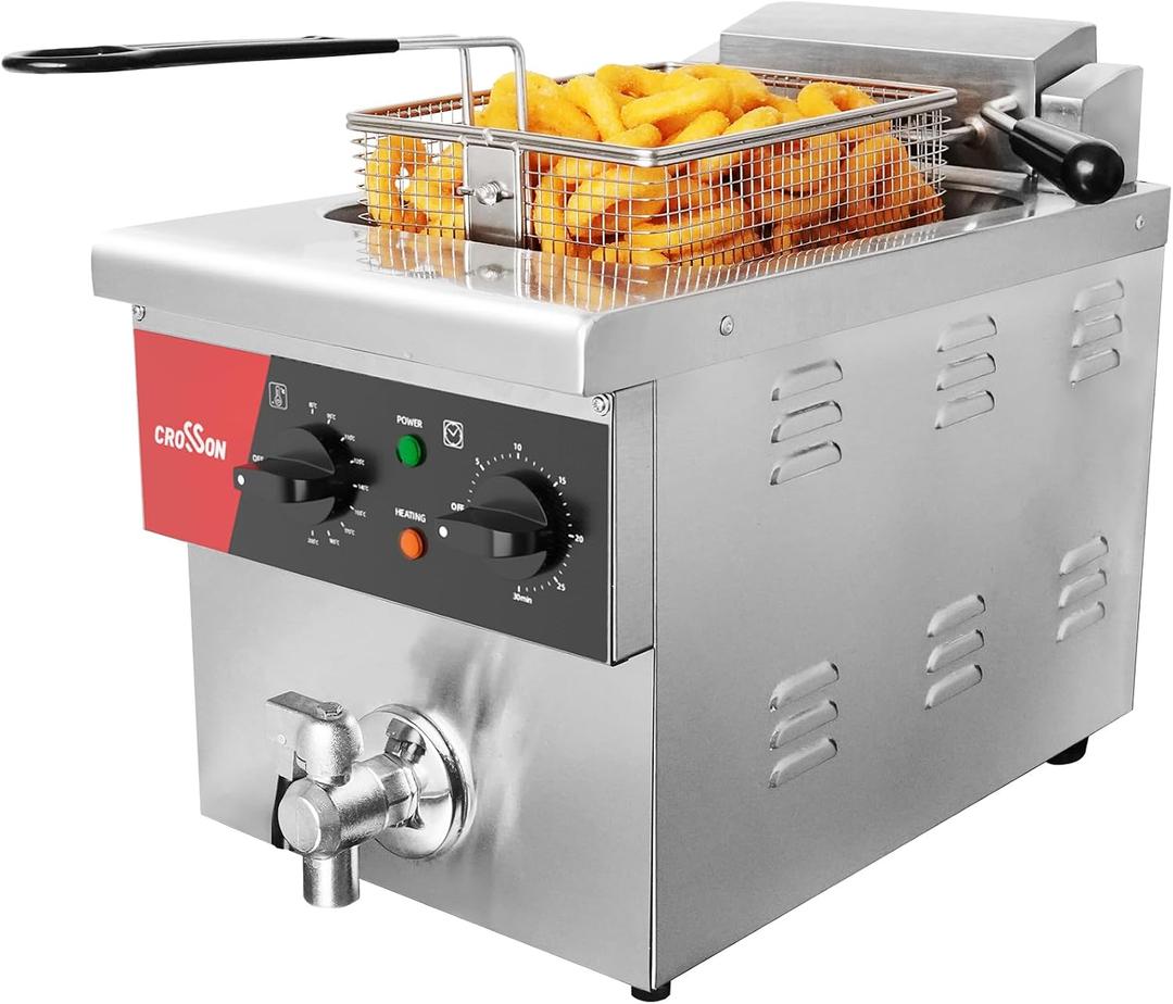 CROSSON 8L Countertop Electric Deep Fryer with Draining Valve,Solid Basket and Lid for Restaurant Use 120V,1800W Stainless Steel Commercial Deep Fryer