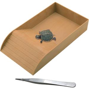 Kathson Reptile Tortoise Turtle Feeding Dish with Ramp and Basking Platform Plastic Turtle Food and Water Bowl Also Fit for Bath Horned Frogs Lizards Amphibians (Brown, Emulational Wood) (14" L x 7.87" W x 2.36" H, Style 1-Brown)