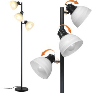 3 Light Tree Floor Lamp with Glass Shades, 3 Bulbs Included, Adjustable Black Industrial Standing Lamp for Living Room, Bedroom, Office, E26, Weighted Base