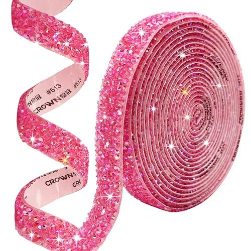 Nubarssy Self Adhesive Pink Resin Rhinestone Strips Rhinestones Ribbon，4 Yards Bling Crystal Ribbons Diamond Sticker Applicable to Wedding Birthday Christmas Party DIY Crafts (Pink AB)