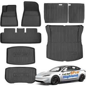 SUPER LINER Tesla Model 3 Floor Mats 2025 2026 2024 | Custom Fit All-Weather 8-Piece Set TPE Material | Tesla Model 3 Highland Floor Mats&Back Seat Protector&Cargo Liner, Trunk&Interior Accessories