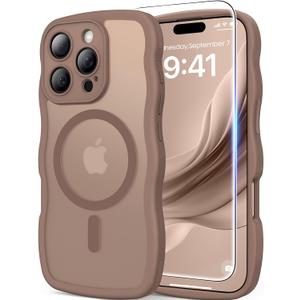 3 in 1 Magnetic for iPhone 16 Pro Max Case, 1X Screen Protector+1X Wrist Strap, Cute Wavy [Full Camera Protection][Fit for MagSafe], Trendy Matte Women Girls Case for iPhone 16 Pro Max 6.9", Brown