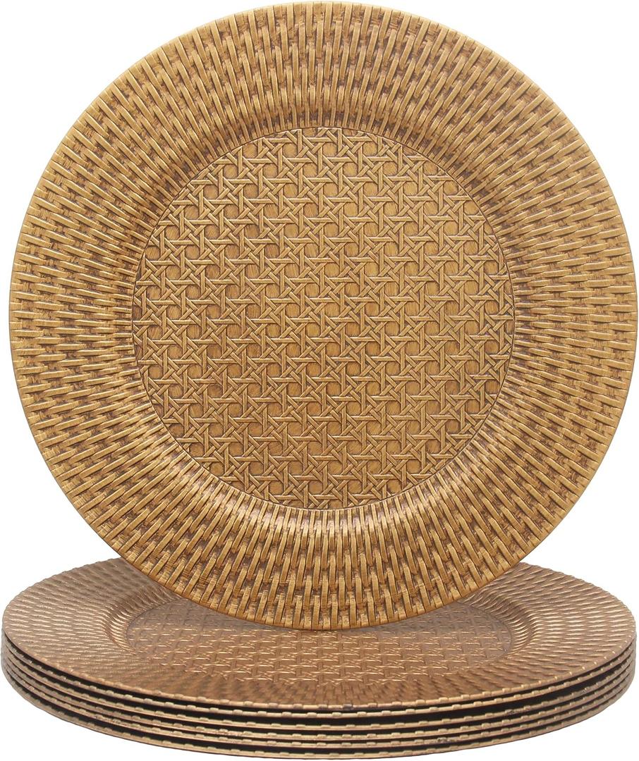 13 Inch Antique Gold Charger Plates Set of 6 Round Plastic Plates Matte Finish Faux Rattan Woven Texture Charger plates for Wedding Party Christmas (537)