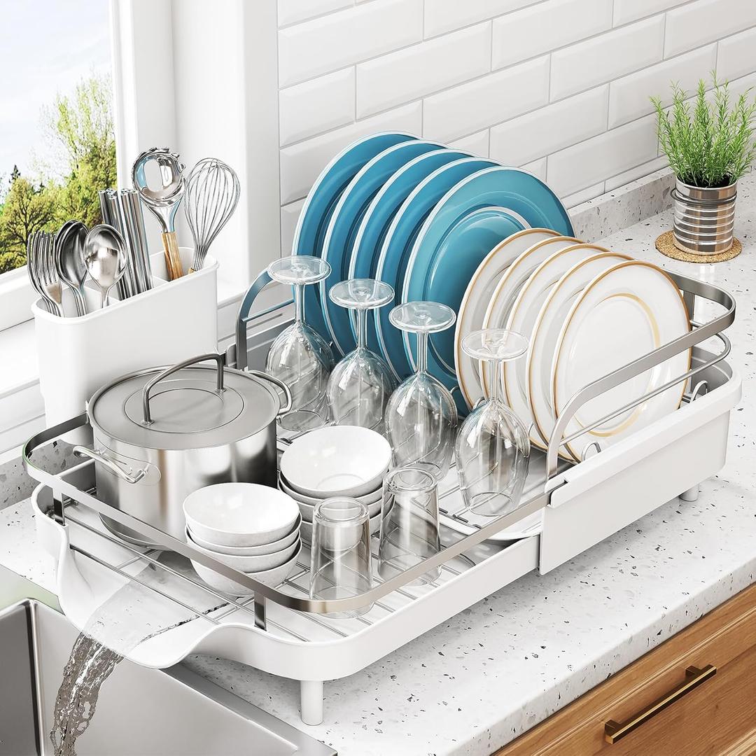 SNTD Dish Drying Rack, Expandable Dish Rack for Kitchen Counter, Stainless Steel Dish Drainer with Drainboard Set and Utensil Holder (White), 16.5" to 21.6 Inches