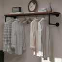 Clothes Rack 42in, Wall Mounted Garment Racks with Real Brown Wood Shelf, Heavy Duty Hanging Clothes Rack, Multi-Purpose Hanging Rod, Space-Saving Closet Storage