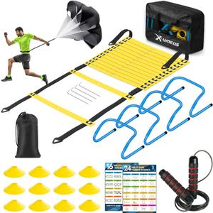 Agility Ladder Speed Training Equipment Set-20ft Agility Ladder,12 Soccer Cones,4 Hurdles, Jump Rope, Running Parachute| Basketball Football Soccer Training Equipment for Kids Youth Adults (Yellow Blue) Agility Ladder Speed Training Equipment Set-20ft Agility Ladder,12 Soccer Cones,4 Hurdles, Jump Rope, Running Parachute| Basketball Football Soccer Training Equipment for Kids Youth Adults (Yellow Blue)