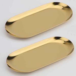 Stainless Steel Decorative Tray 7 Inch Long, Jewelry Dish Cosmetics Organizer Bathroom Clutter Serving Platter Small Storage Tray, Oval, Gold