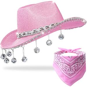 Pink Disco Cowgirl Hat with Bandana,Glitter Rhinestone Disco Ball Cowboy Hat for Women Men Costume Cosplay