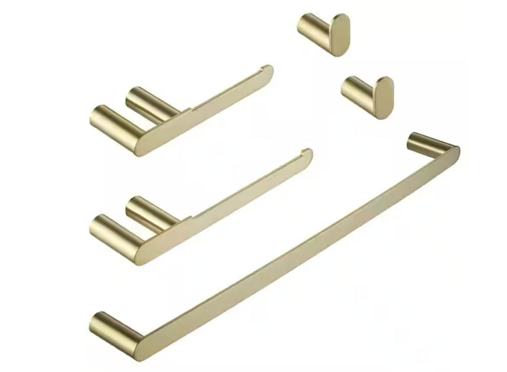 HOMEMYSTIQUE 5-Piece Bath Hardware Set with Towel Bar Towel Hook Toilet Paper Holder in Brushed Gold NBHS755G