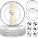 Bokon 12 Set Clear Charger Plates Bulk 13 Inch Beaded Plastic Charger Plates with Napkin Rings Acrylic Round Dinner Table Decorative for Party Wedding Thanksgiving(clear and Silver, 12)