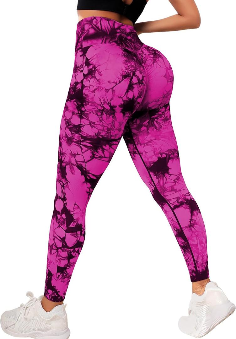 JGS1996 Tie Dye Leggings for Women Tummy Control High Waisted Scrunch Butt Lifting Seamless Workout Yoga Pants (Pink, XL)