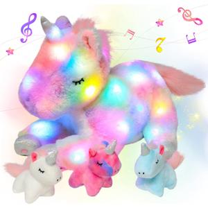 Hopearl LED Musical Stuffed Unicorn Playset Lighting Up Singing Plush Toy Mommy Unicorn with 3 Baby Unicorns in her Tummy Lullaby Animated Soothe for Mom Toddlers Girls, Rainbow, 19''