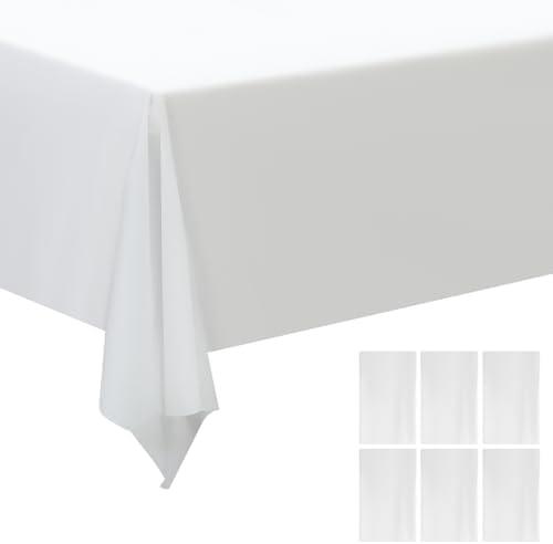 ZEBWAY 6 Pack Premium Disposable Plastic Tablecloth 54 X108 Inch Rectangle Solider Color Heavy Duty Table Cover for Dining Tables, Parties and Holidays Decorative (White)