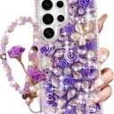Changjia for Samsung Galaxy S25 Ultra Glitter Bling Case,Cute Luxury 3D Sparkle Crystal Rhinestones Flowers Diamond Pearl with Lanyard Wrist Strap Women Girls Case for Galaxy S25 Ultra 6.9 Inch,Purple
