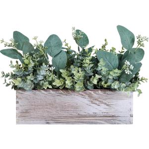 Winlyn Farmhouse Eucalyptus Arrangement in Rustic Rectangular Wooden Planter Artificial Eucalyptus Stems Greenery Centerpiece for Home Living Room Kitchen Counter Mantel Table Centerpiece Dcor