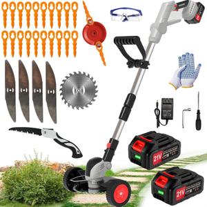 Electric Weed Wacker Cordless Eater Battery Powered Eater Lightweight Edger Portable Stringless Grass Trimmer/Lawn Mower/Brush Cutter, with 3 Types Blades & Wheels for Yard and Garden-Grey