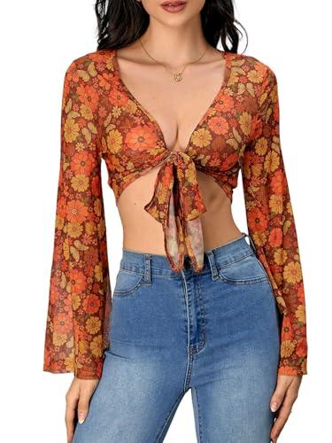 Verdusa Women's Boho 70s Tops Tie Front Bell Long Sleeve Floral Print Mesh Sheer Blouse Crop Tops Orange Yellow, XS